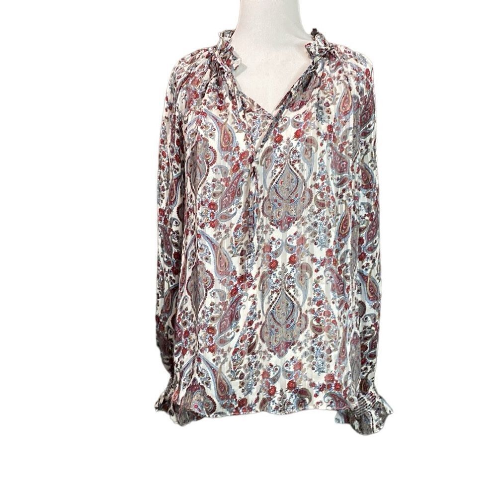 H&M Paisley Semi Sheer Striped Long Sleeve Blouse Tie Neck Peasant Top